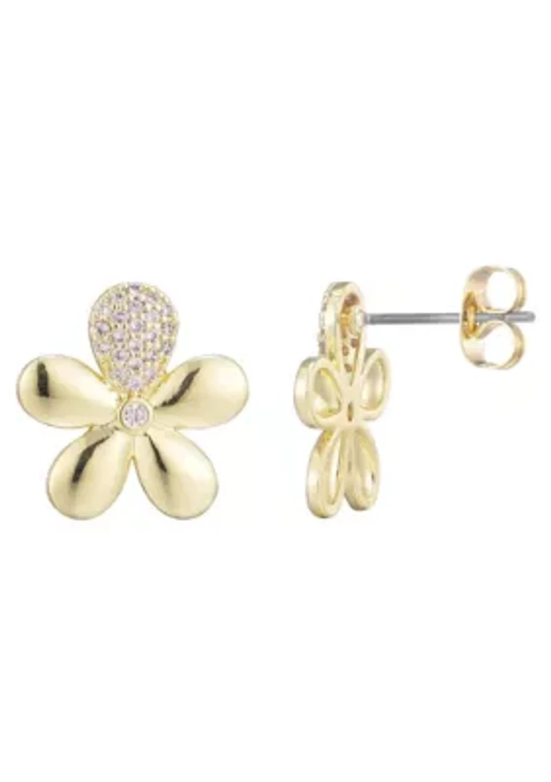 14k Gold Plated CZ Flower Petal Stud Earrings