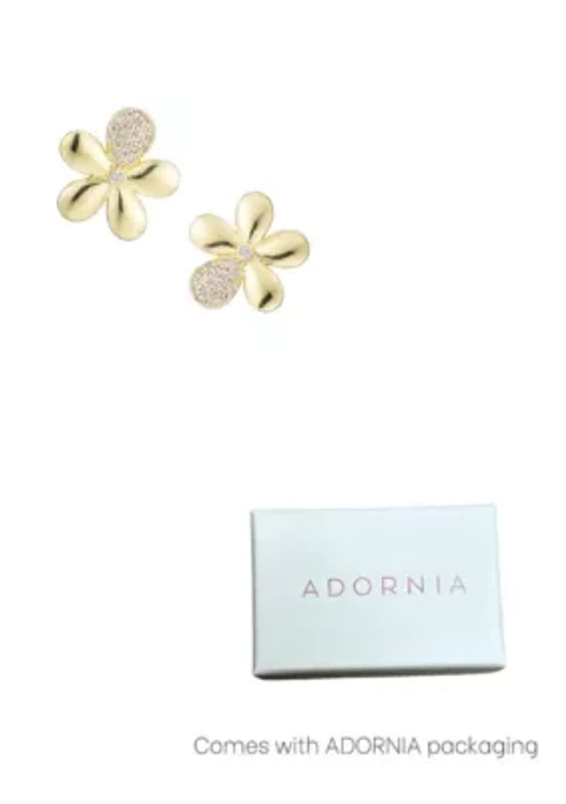 14k Gold Plated CZ Flower Petal Stud Earrings