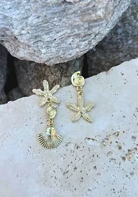 Gold Plated Starfish and Shell Drop Earrings