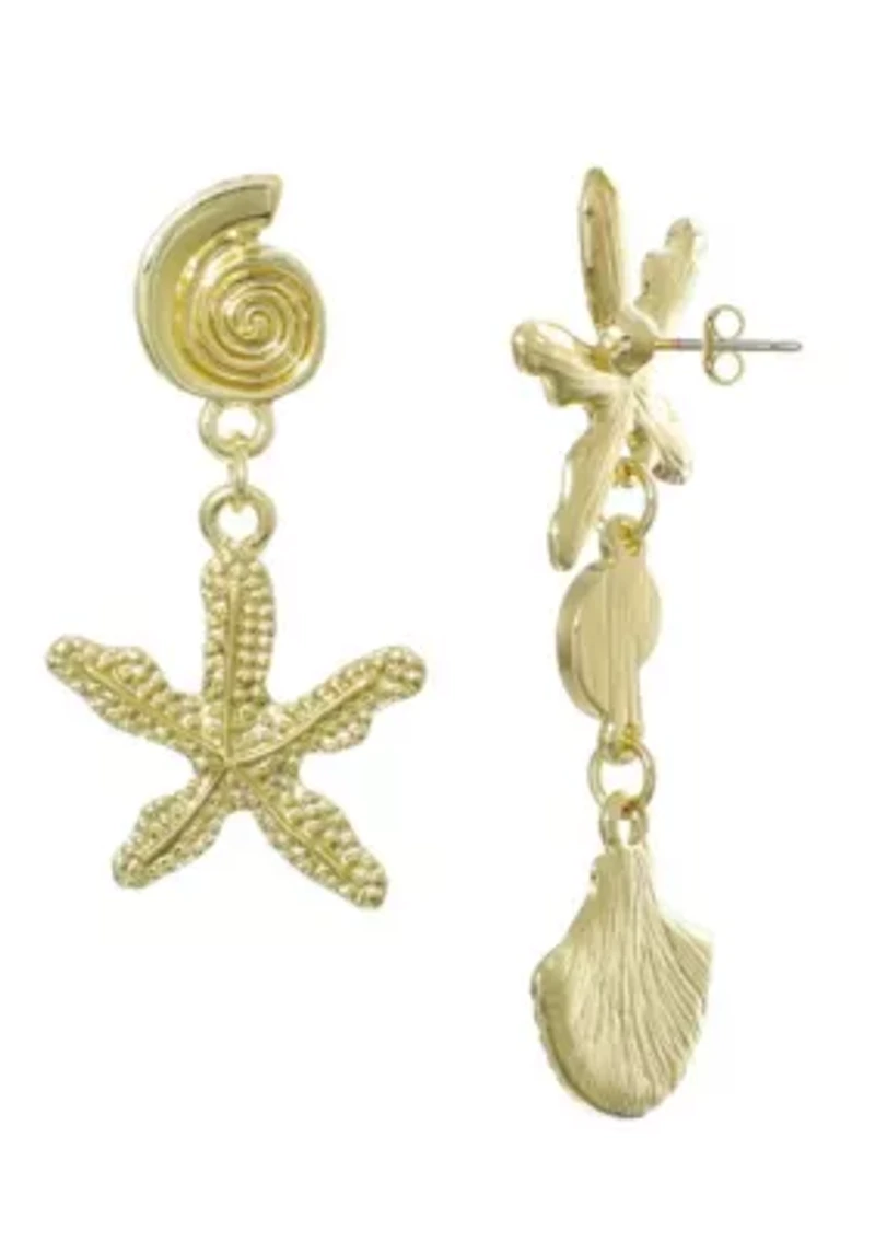 Gold Plated Starfish and Shell Drop Earrings