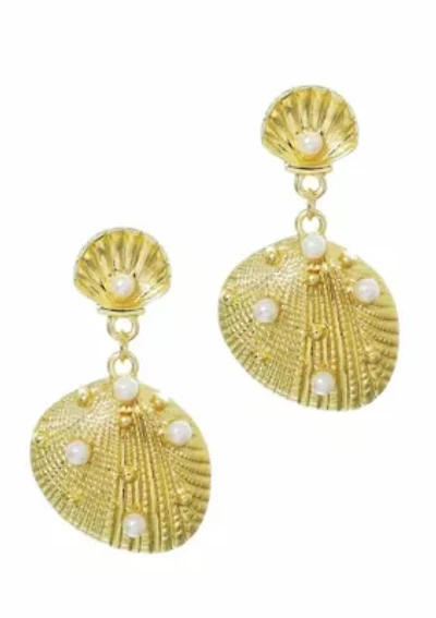 Gold Plated Pearl-Studded Shell Drop Earrings
