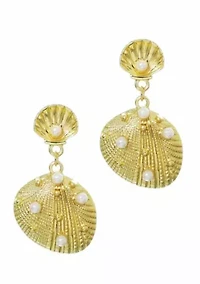 Gold Plated Pearl-Studded Shell Drop Earrings