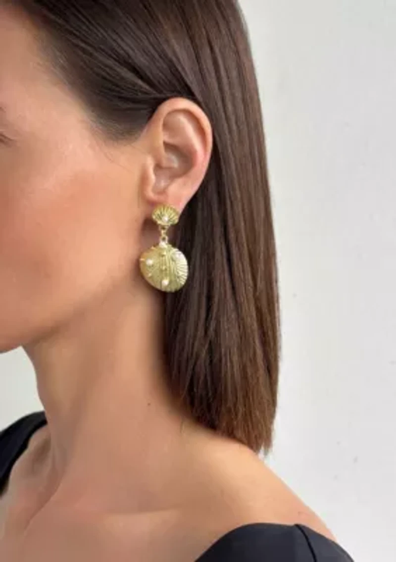 Gold Plated Pearl-Studded Shell Drop Earrings