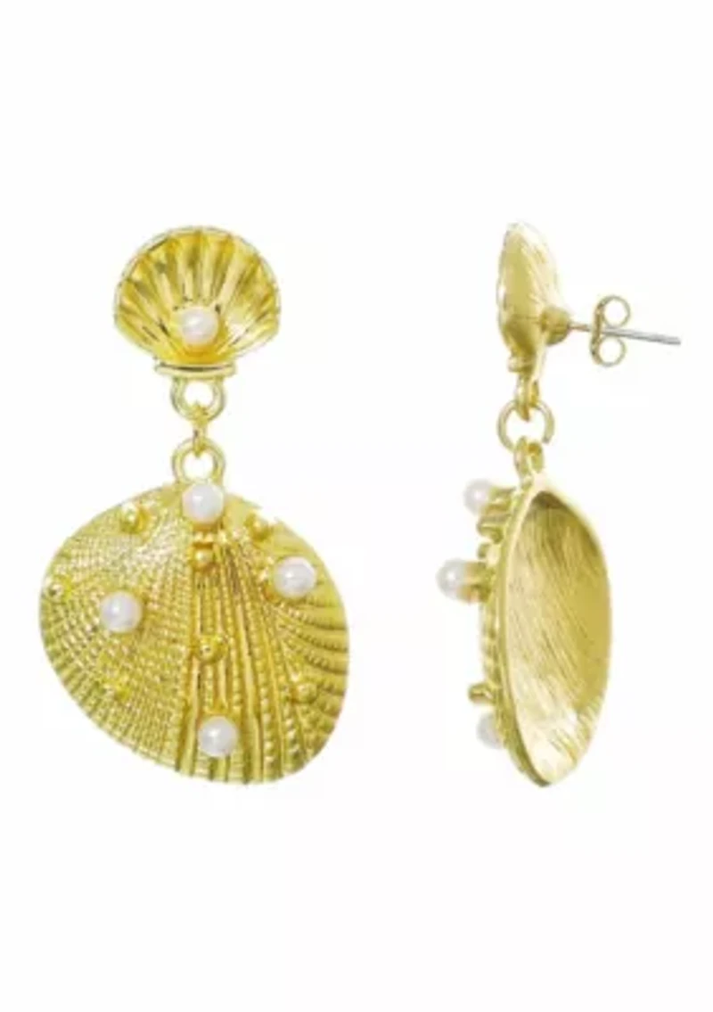 Gold Plated Pearl-Studded Shell Drop Earrings