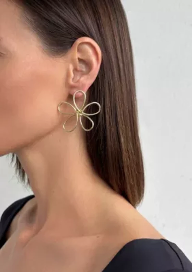 Gold Plated Oversized Flower Outline Statement Earrings