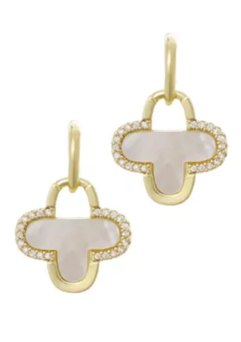 14k Gold Plated Mother of Pearl and CZ Clover Drop Earrings