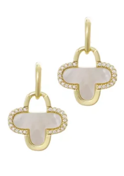 14k Gold Plated Mother of Pearl and CZ Clover Drop Earrings