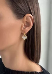 14k Gold Plated Mother of Pearl and CZ Clover Drop Earrings