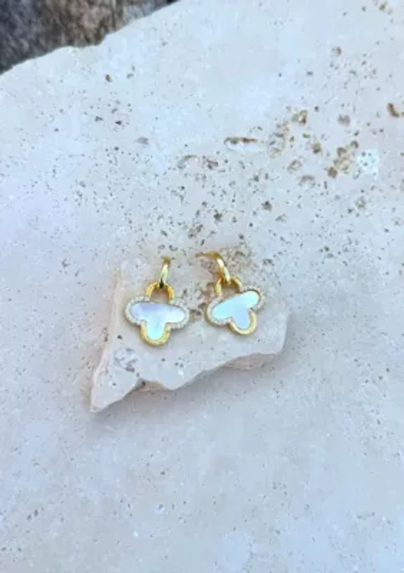 14k Gold Plated Mother of Pearl and CZ Clover Drop Earrings