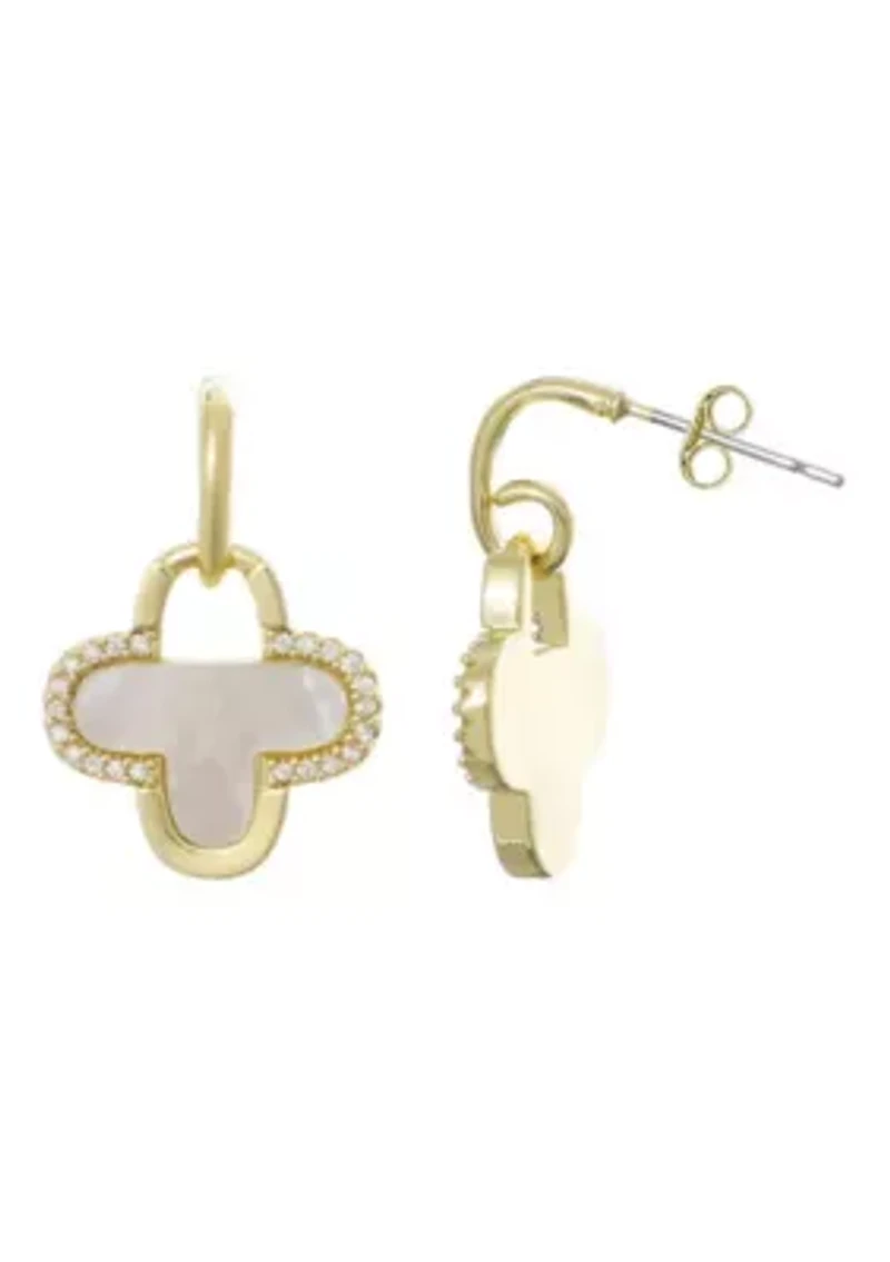 14k Gold Plated Mother of Pearl and CZ Clover Drop Earrings