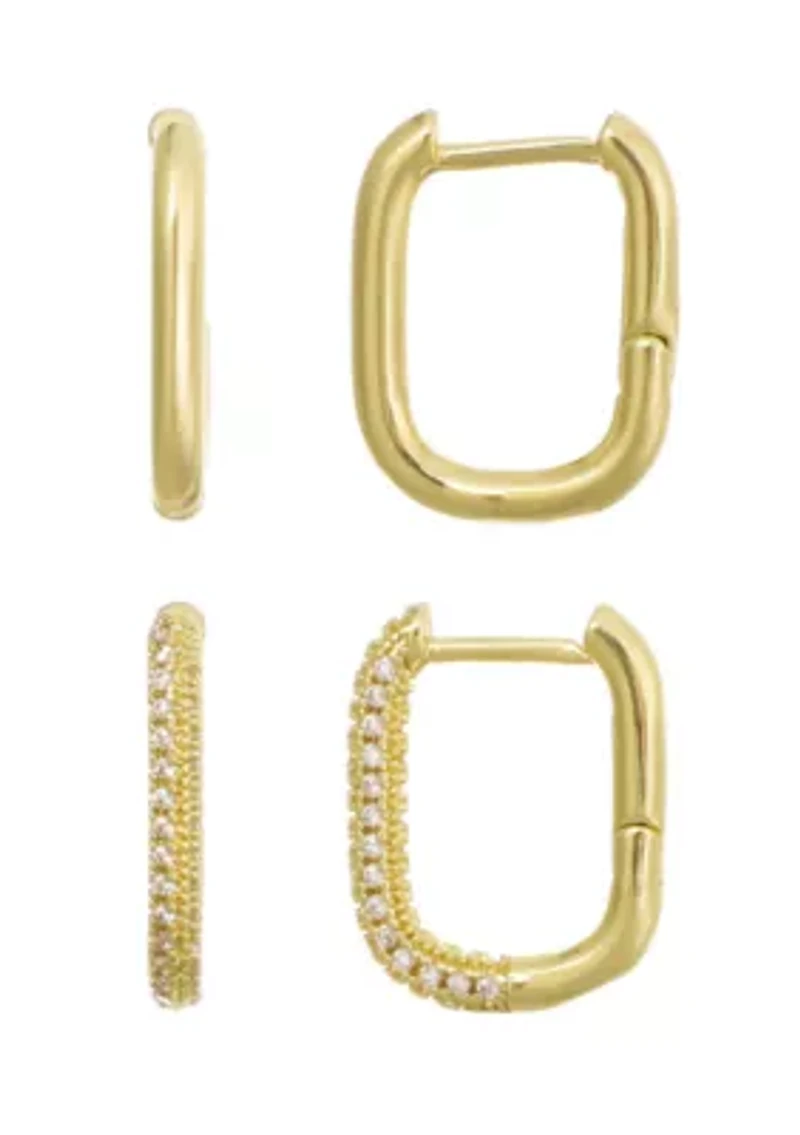 14k Gold Plated CZ 2-Piece Rectangle Huggie Earring Set