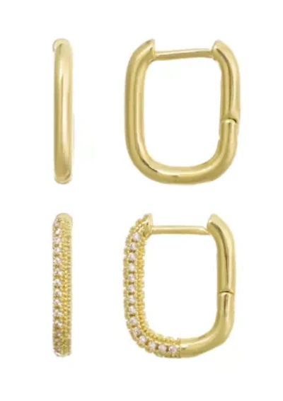 14k Gold Plated CZ 2-Piece Rectangle Huggie Earring Set