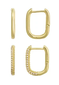 14k Gold Plated CZ 2-Piece Rectangle Huggie Earring Set
