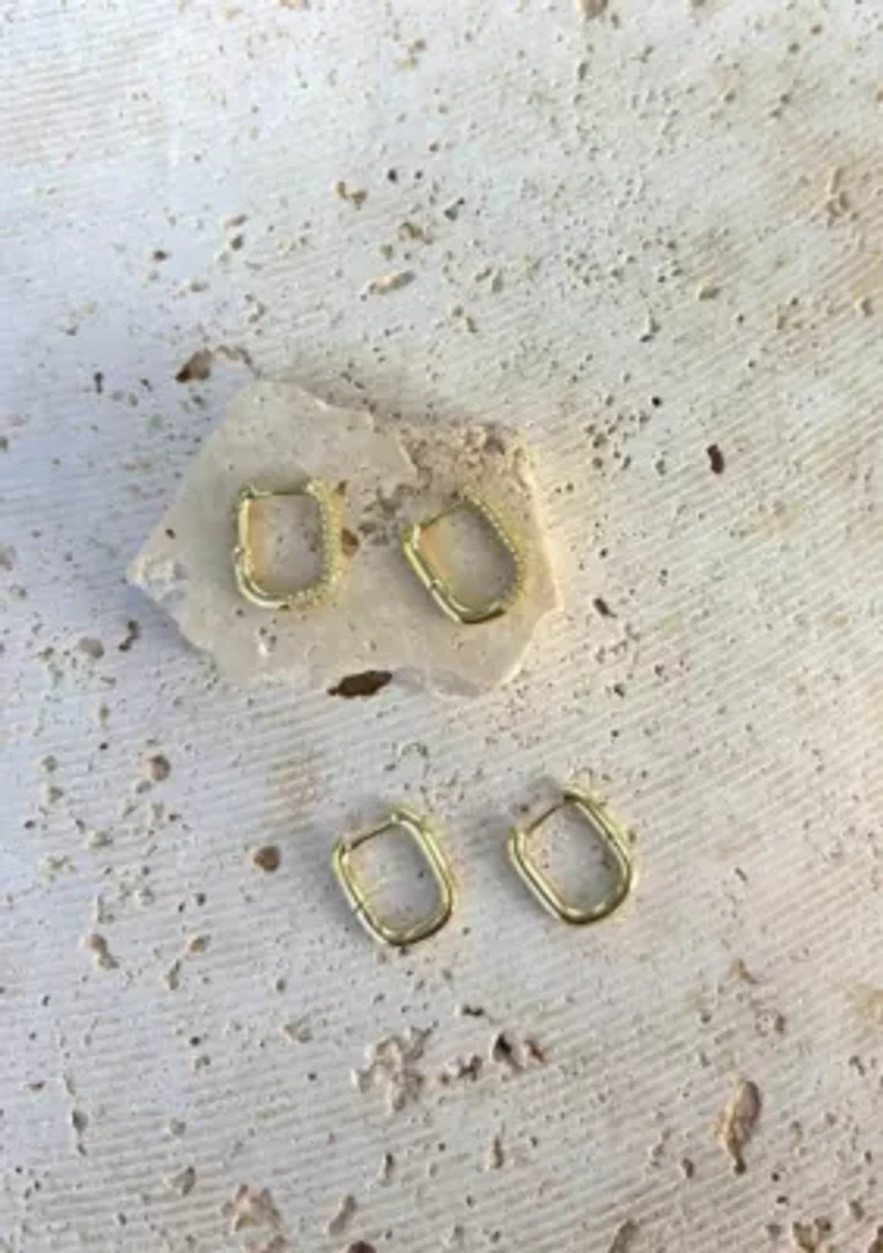 14k Gold Plated CZ 2-Piece Rectangle Huggie Earring Set