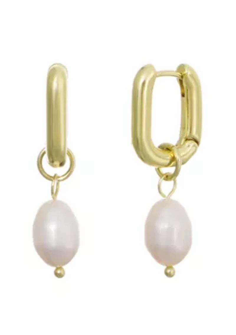 14k Gold Plated Detachable Freshwater Pearl Rectangle Huggie Hoops