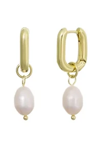 14k Gold Plated Detachable Freshwater Pearl Rectangle Huggie Hoops