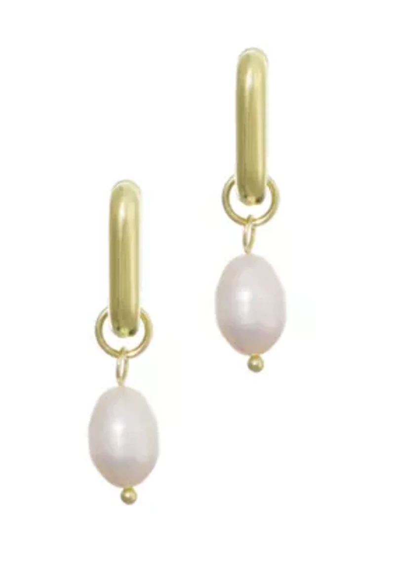 14k Gold Plated Detachable Freshwater Pearl Rectangle Huggie Hoops