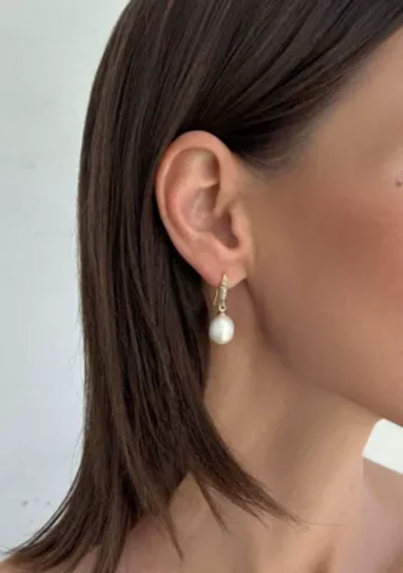 14k Gold Plated Freshwater Pearl CZ Drop Earrings