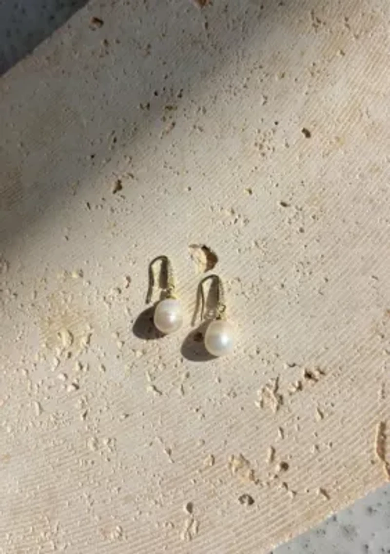 14k Gold Plated Freshwater Pearl CZ Drop Earrings