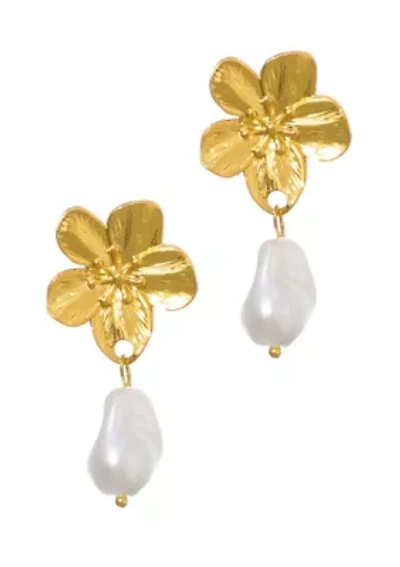 Tarnish Resistant 18k Gold Plated Statement Flower with Pearl Drop Earrings