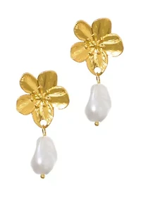 Tarnish Resistant 18k Gold Plated Statement Flower with Pearl Drop Earrings