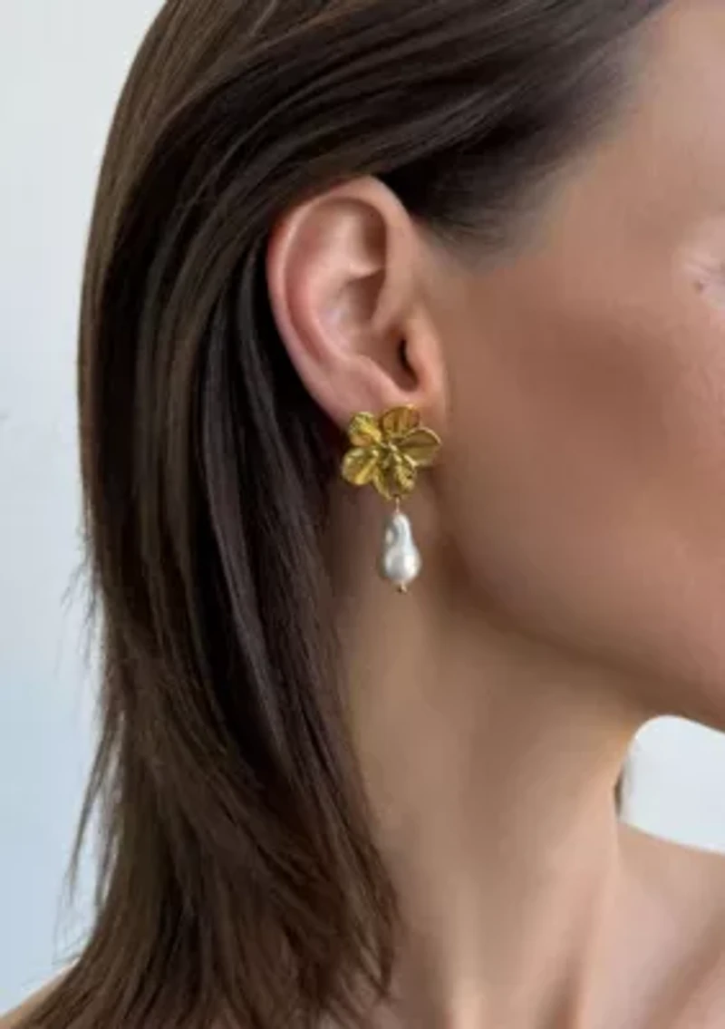 Tarnish Resistant 18k Gold Plated Statement Flower with Pearl Drop Earrings