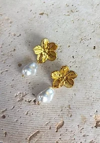 Tarnish Resistant 18k Gold Plated Statement Flower with Pearl Drop Earrings