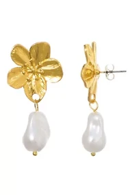 Tarnish Resistant 18k Gold Plated Statement Flower with Pearl Drop Earrings