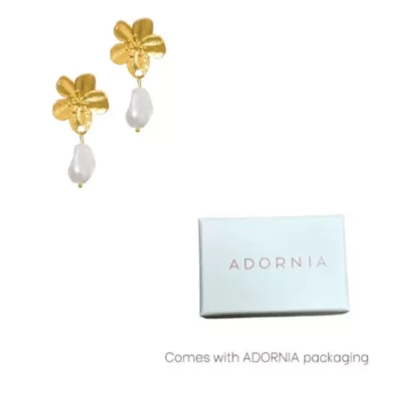 Tarnish Resistant 18k Gold Plated Statement Flower with Pearl Drop Earrings