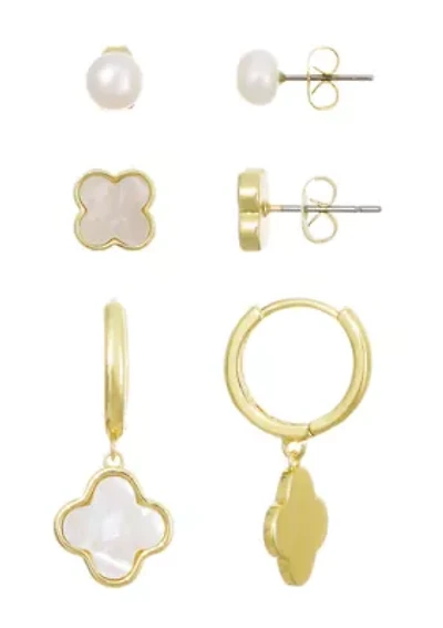 14k Gold Plated Clover and Freshwater Pearl 3-Piece Earring Set