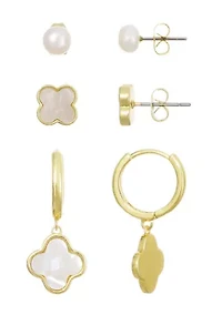 14k Gold Plated Clover and Freshwater Pearl 3-Piece Earring Set