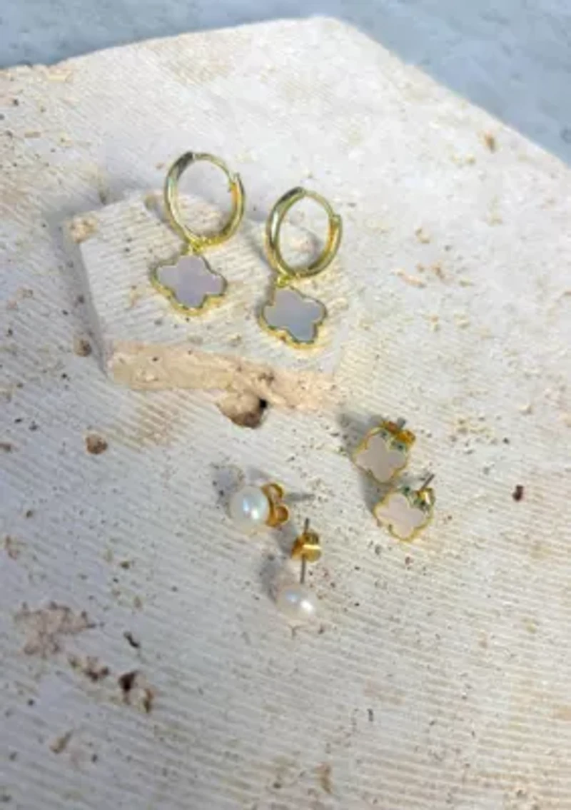 14k Gold Plated Clover and Freshwater Pearl 3-Piece Earring Set