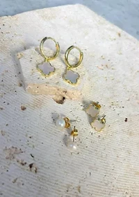 14k Gold Plated Clover and Freshwater Pearl 3-Piece Earring Set