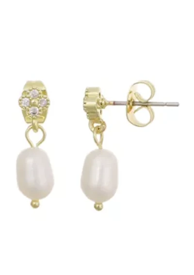 14k Gold Plated CZ Clover Freshwater Pearl Drop Earrings