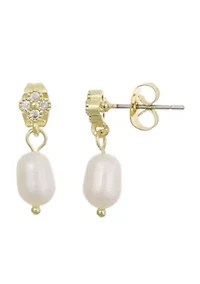 14k Gold Plated CZ Clover Freshwater Pearl Drop Earrings