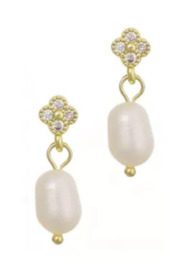 14k Gold Plated CZ Clover Freshwater Pearl Drop Earrings