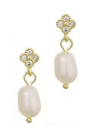 14k Gold Plated CZ Clover Freshwater Pearl Drop Earrings