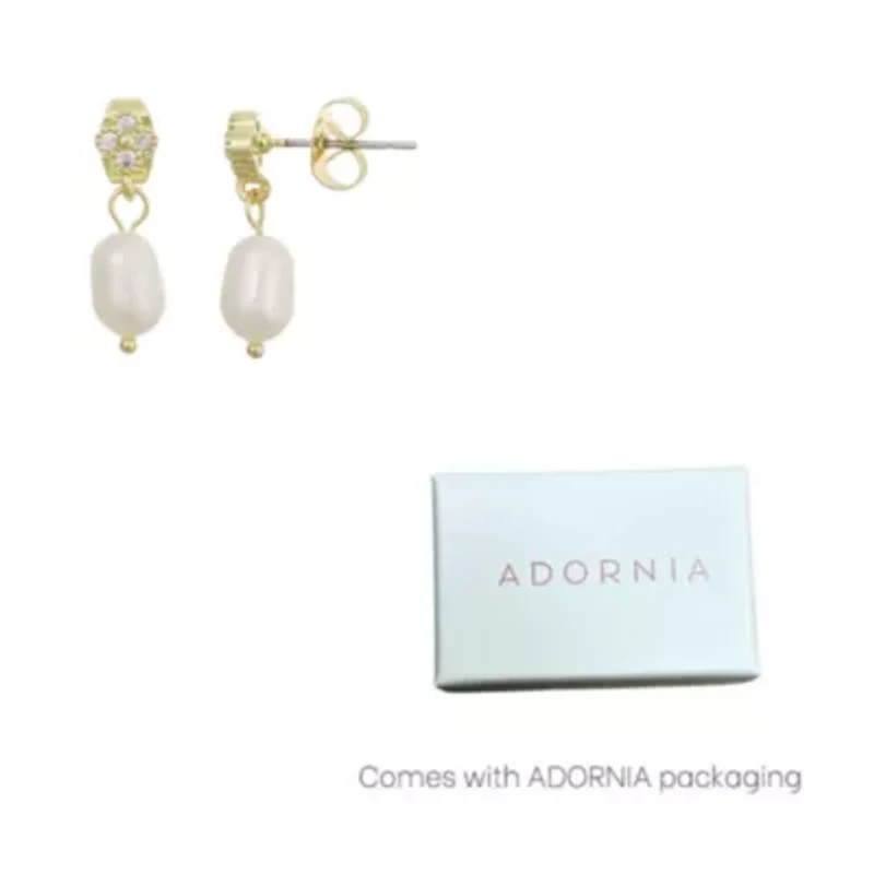 14k Gold Plated CZ Clover Freshwater Pearl Drop Earrings