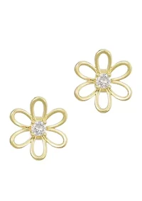 14k Gold Plated CZ Flower Outline Stud Earrings