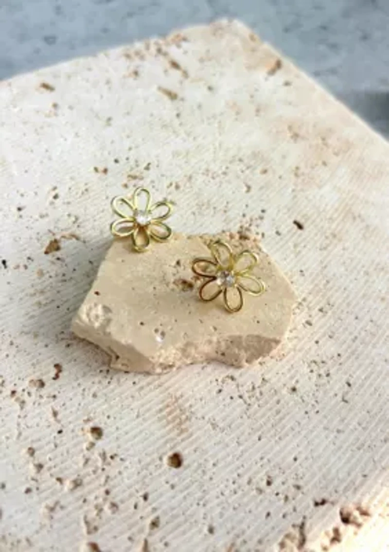 14k Gold Plated CZ Flower Outline Stud Earrings