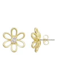 14k Gold Plated CZ Flower Outline Stud Earrings