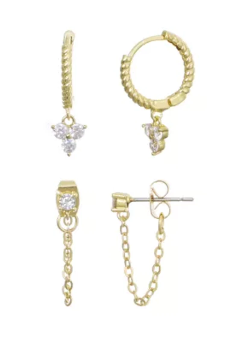 14k Gold Plated CZ Huggie Hoop and Chain Wrap 2-Piece Earring Set