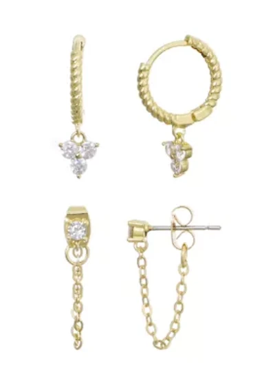 14k Gold Plated CZ Huggie Hoop and Chain Wrap 2-Piece Earring Set