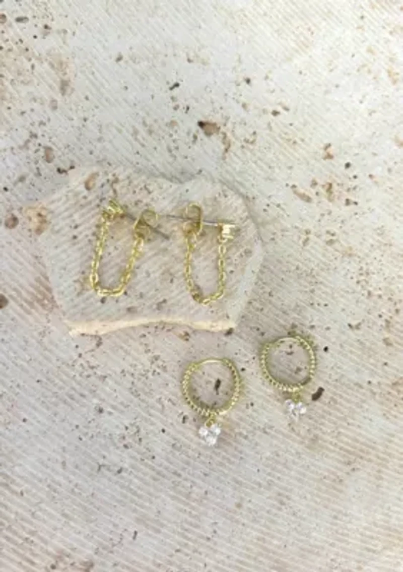 14k Gold Plated CZ Huggie Hoop and Chain Wrap 2-Piece Earring Set