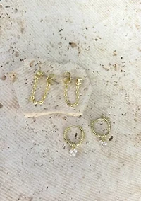 14k Gold Plated CZ Huggie Hoop and Chain Wrap 2-Piece Earring Set