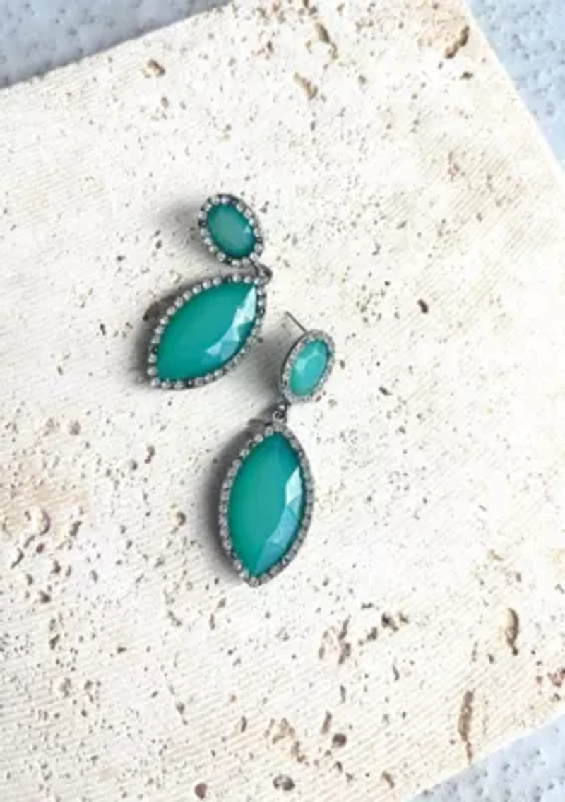 Silver Aqua Green Crystal Statement Earrings