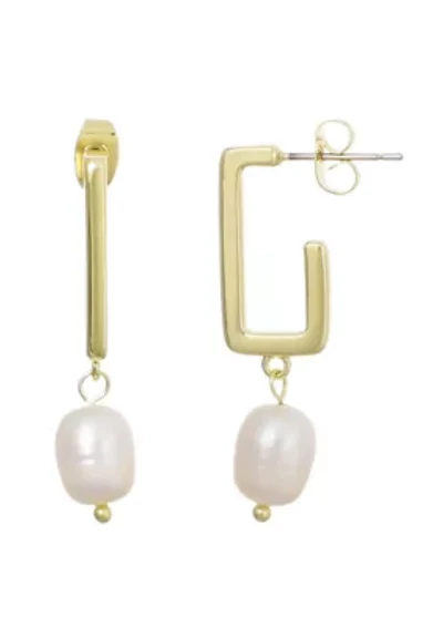 14k Gold Plated Freshwater Pearl Rectangle Drop Earrings