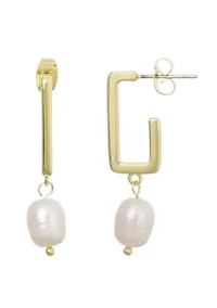 14k Gold Plated Freshwater Pearl Rectangle Drop Earrings