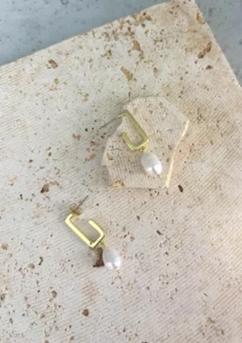 14k Gold Plated Freshwater Pearl Rectangle Drop Earrings