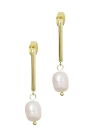 14k Gold Plated Freshwater Pearl Rectangle Drop Earrings